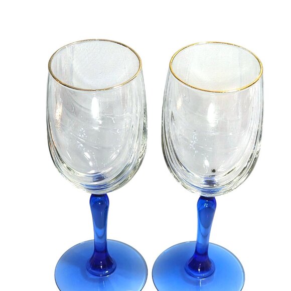 2 Libbey Crystal Blue Water Wine Glasses 8" Cobalt swag optic vintage gold trim - Picture 3 of 8